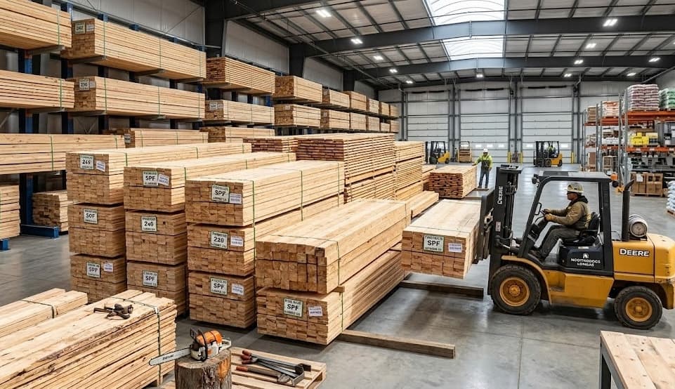 Houston Lumber warehouse — stacks of reclaimed lumber with forklift