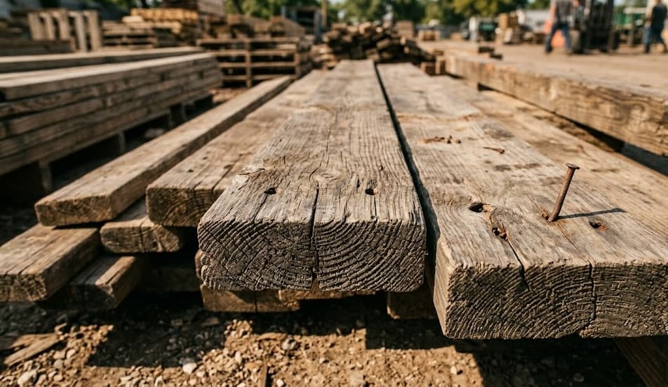 Reclaimed lumber boards with authentic weathering, nail holes, and natural patina