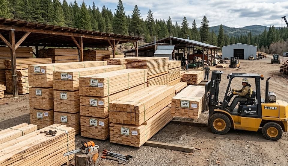 Houston Lumber outdoor yard — lumber stacks with forklift operations