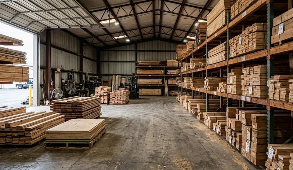 Inside our warehouse — organized lumber inventory ready for pickup