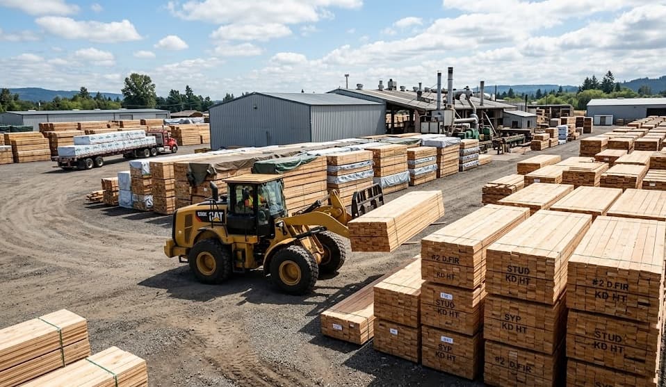 Houston Lumber yard — aerial view of lumber stacks and processing equipment